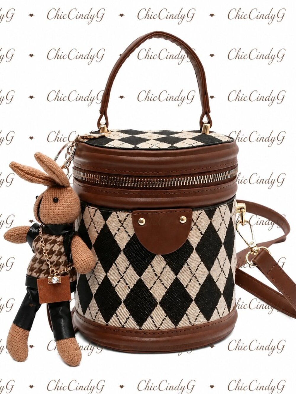 🧸Chic Argyle Bucket Bag w/ Cute Matching Bunny Charm & Adjustable Strap - Picture 6 of 13